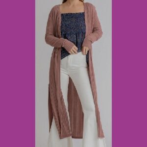 UMGEE Cardigan M Mauve Open Front Knit Long Stretch Side Slits Duster Cardigan